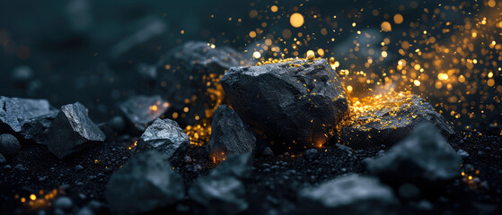 Stone, shiny crystals.Textured background with exploding particles, golden elements, lights. explosion of rocks. Generative ai.