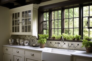 English Tudor Kitchen: Leaded Glass Windows & Ceramic Sink Wonder