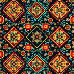 Ethnic ikat seamless pattern geometric abstract designs with traditional motifs.