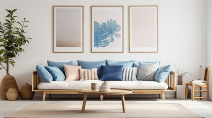 The image shows a living room with a blue and white color scheme. There is a sofa with blue and white pillows, a plant in the corner, and three pictures of cacti on the wall. - obrazy, fototapety, plakaty