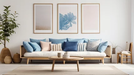 Fotobehang The image shows a living room with a blue and white color scheme. There is a sofa with blue and white pillows, a plant in the corner, and three pictures of cacti on the wall. © Helen-HD