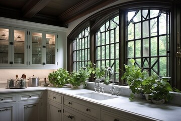 English Tudor Kitchen: Leaded Glass Windows & Ceramic Sink Elegance