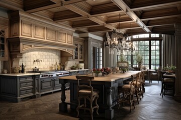 English Tudor Kitchen Designs: Coffer Ceilings & Antique Wooden Dining Tables Showcase