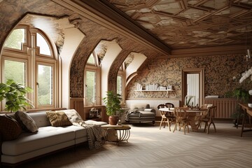 Dutch Patterned Flats: Ornate Ceiling Designs and Cozy Lounge Spots - obrazy, fototapety, plakaty