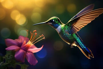 Hummingbird on a flower, hummingbird in flight, feeding on nectar of flower,  - obrazy, fototapety, plakaty