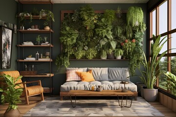 Biophilic Living Room Flats: Coastal Design with Grid-Patterned Plant Walls