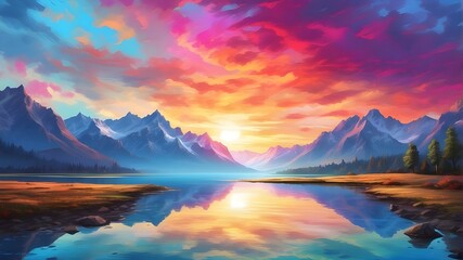 Fototapeta na wymiar Beautiful sunrise casting brilliant hues over the sky and illuminating a serene lake encircled by towering mountains --v 6.0 --style raw --ar 3:2 --s 750 