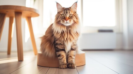 A large adult brown Maine Coon cat sits on a light wooden beech stool and looks into the frame, on space for copying