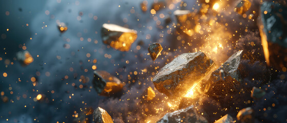 Obraz na płótnie Canvas Stone, shiny crystals.Textured background with exploding particles, golden elements, lights. explosion of rocks. Generative ai.