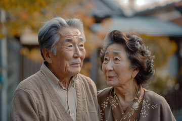 Asian elderly couple in soft and warm lighting, emotional depth in their gaze, symbolic of a supportive and health-conscious relationship