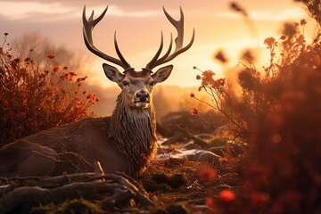 Deer in the forest,  Deer stag during rutting season on beautiful winter sunrise landscape.
