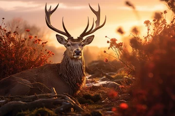 Poster Deer in the forest,  Deer stag during rutting season on beautiful winter sunrise landscape. © Rafiqul