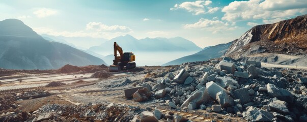 excavator loads heavy stone at rocks construction site. - obrazy, fototapety, plakaty