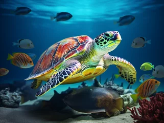 Fotobehang Turtle swimming in the underwater sea, Wonderful underwater world with turtle, corals and tropical fish., Sea turtle swimming in the under sea . © Rafiqul