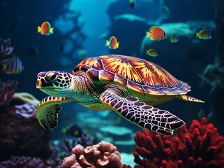 A Beautiful turtle swimming in the sea, Wonderful underwater world with turtle, corals and tropical fish. Sea turtle swimming in the under Water sea,