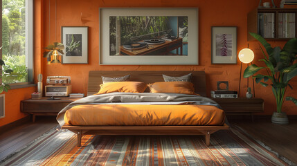 Mid-century modern bedroom featuring a teak bed frame, vintage record player, and retro wallpaper.
