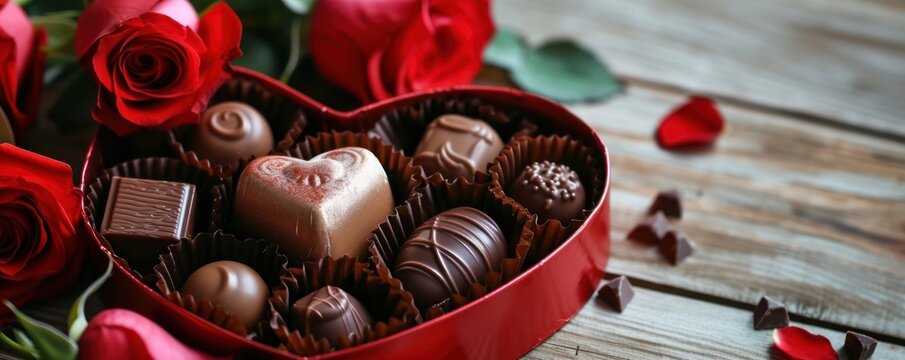 Valentine chocolates in heart shaped box on grey background.