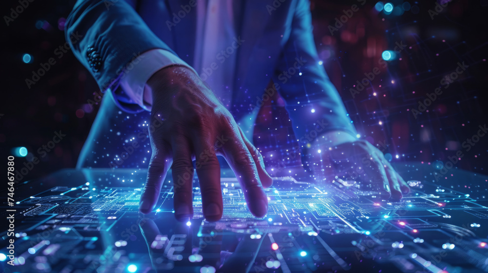 Poster close-up of a hand touching futuristic interface with digital patterns and lights, suggesting advanc