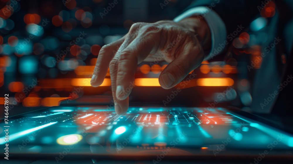 Aufkleber close-up of a hand interacting with futuristic digital interface against a blurred background of ill