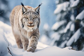 Naklejka premium Lynx in snow, Lynx walking in snowy beech forest, Lynx Roaming Snowy Landscape- Realistic Beauty.