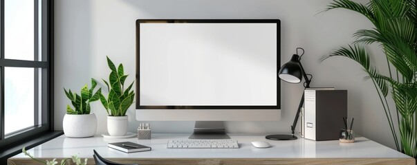 Blank screen desktop computer on white table with green plants on sides
