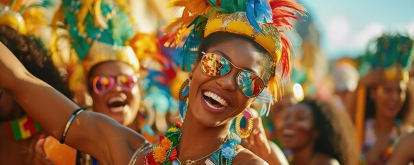 Painted happy woman dancing at carnival in sunny day.