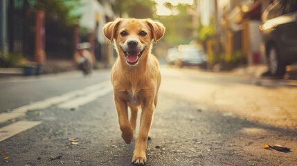 Dog walking on urban street, happy animals.