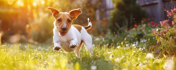 Happy fox terrier dog jump on green meadow in sunset light.