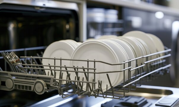 Opened dishwasher with cleaned plates in kitchen.