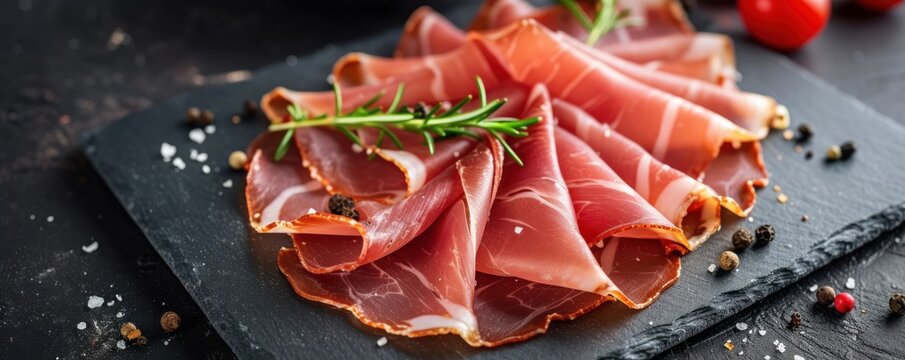 Spanish jamon ham sliced on black modern slate top view.