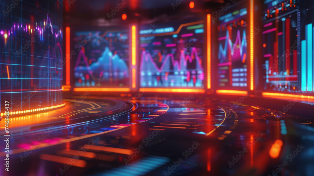 Poster futuristic control room with glowing digital screens displaying various graphs and data. the vibrant