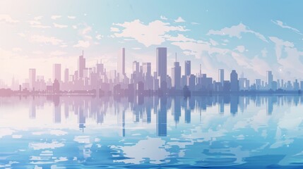 Tranquil Anime Landscape - Futuristic Cityscape in Blue & Silver