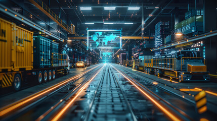 Industrial freight trains at a container terminal at night with illuminated tracks, overhead lights, and a dynamic digital billboard displaying a world map, highlighting global logistics. - obrazy, fototapety, plakaty