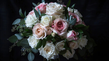 Dramatic black background with romantic wedding bouquet.