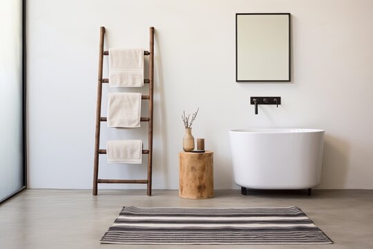 Coastal Rug & Metal Towel Rack: Industrial Minimalist Bathroom Inspirations