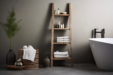 Fototapeta na wymiar Industrial Minimalist Bathroom Inspirations: Cozy Bath Corner with Log Side Table
