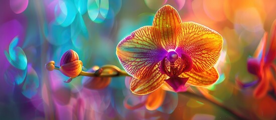 A close-up view of a colorful exotic orchid flower with intricate details in focus, set against a soft and blurred background, highlighting the beauty and delicate features of the flower.