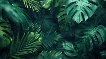 Fototapeta na wymiar Lush monstera and tropical foliage in dark green hues background.