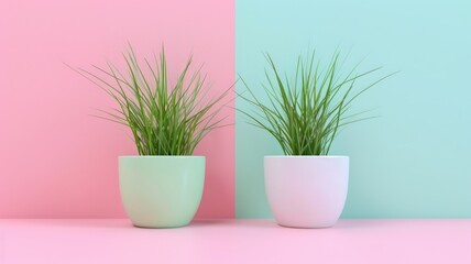 Two pots with green grass on pastel background. Modern nature wallpaper. 