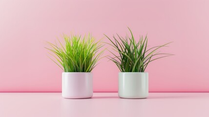 Two pots with green grass on pastel rose background. Modern nature wallpaper. 