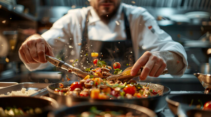 Chef tossing colorful vegetables in a pan with dynamic motion in a professional kitchen, ai...