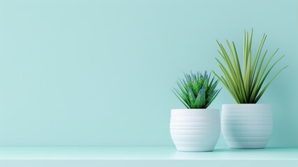 Two small potted plants on table with pastel blue background. Creative plant wallpaper. 
