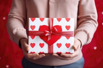 Hands holding a Valentine's gift with heart patterns. Holding Heart-Themed Valentine's Gift