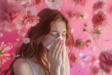 Obraz na płótnie Canvas girl sneezing into handkerchief, on a pink background, flying flowers around, concept spring, allergy