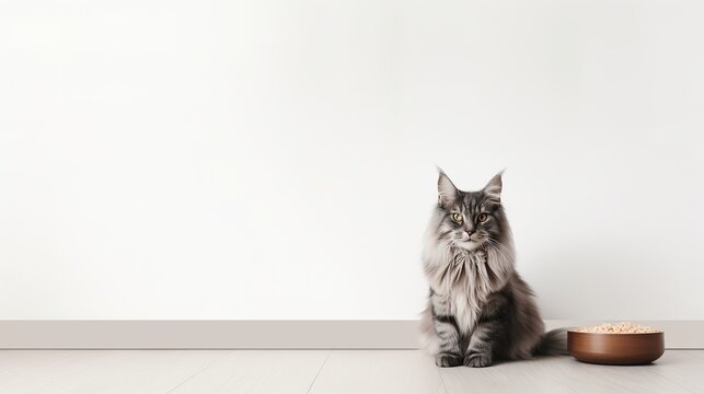 Large tall adult brown Maine Coon cat with a large fluffy tail and pronounced features of a state Maine forest cat, sits on a light wooden floor in a light room next to a bowl of dry food, copy space