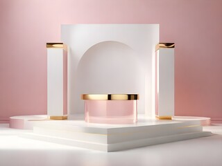 Minimalist 3D empty podium stage for product promotion advertising, with white pink gold color,...