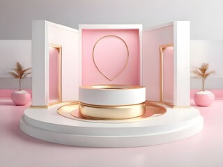Minimalist 3D empty podium stage for product promotion advertising, with white pink gold color,...