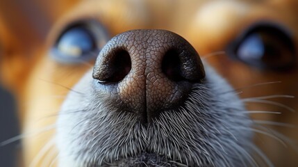 The image shows a close-up of a dogs nose. The skin texture and hair are clearly visible, and the dogs nose is slightly wrinkled. The background is out of focus and is a light brown color.