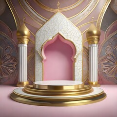 Product stage podium, white gold and pink color with light sparkle, abstract, luxury feel
