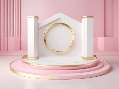 Minimalist 3D empty podium stage for product promotion advertising, with white pink gold color, luxury feel design